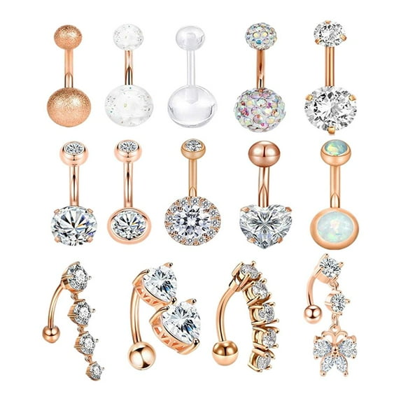 14pcs 14G Belly Button Rings 10mm Stainless Steel Navel Barbell for Women Teens Rose Gold