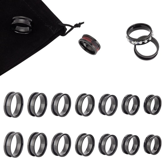 14pcs 7 Size Stainless Steel Grooved Finger Rings set with 1pc Rectangle Velvet Pouches Electrophoresis Black Inner Diameter: 16.5~22mm 2pcs/size DIY