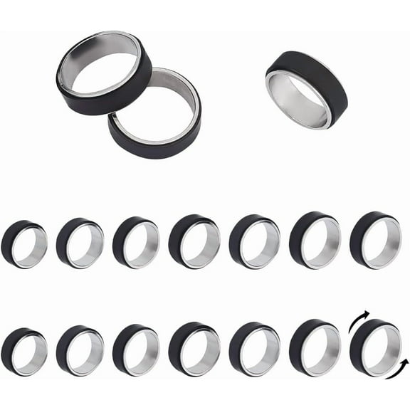 14pcs 7 Sizes Black Stainless Steel Spinner Ring Rotatable Fidge Spinner Rings Laser Inscription Plain Blank Finger Ring Stress Anxiety Relief Rotating Ring Finger Band Rings DIY