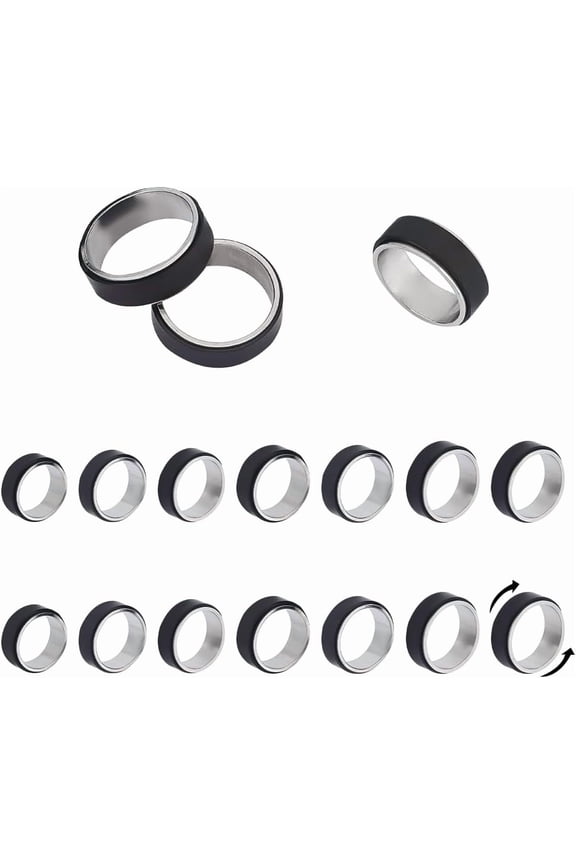 14pcs 7 Sizes Black Stainless Steel Spinner Ring Rotatable Fidge Spinner Rings Laser Inscription Plain Blank Finger Ring Stress Anxiety Relief Rotating Ring Finger Band Rings