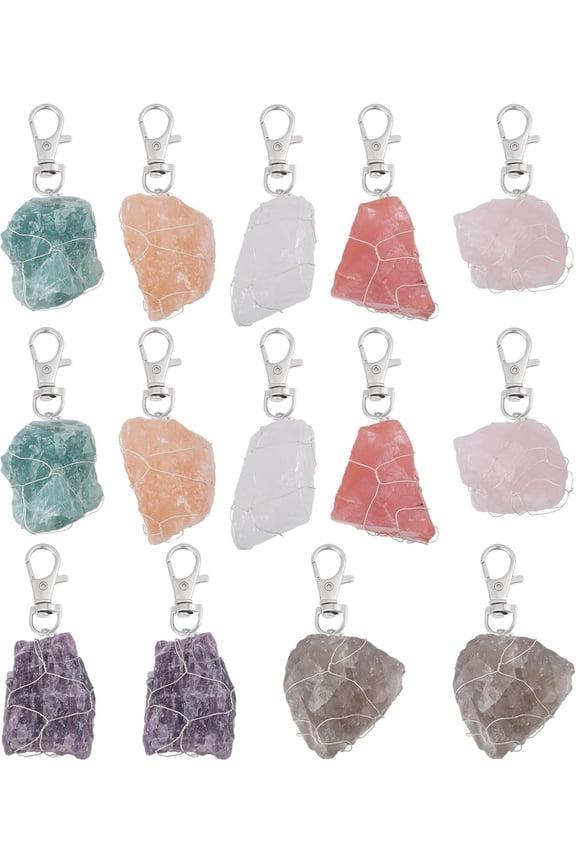 14pcs 7 color Natural & Synthetic Gemstone Pendant Decoration with Iron Lobster Claw Clasps Nuggets 90~110mm 2pcs/color