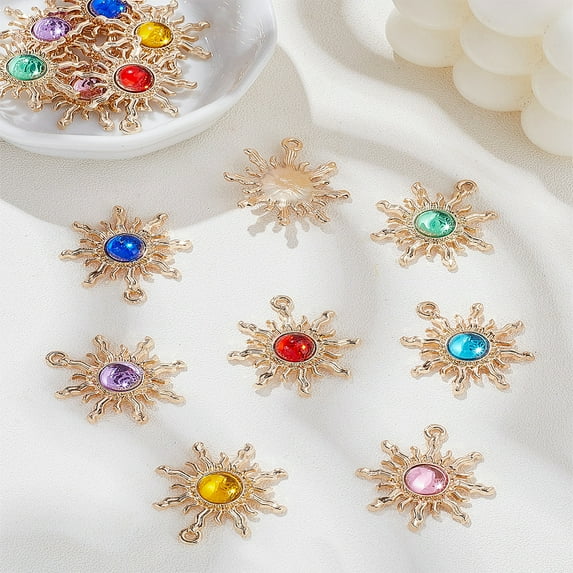 14pcs 7 colors Transparent Resin Pendants Sun Charms with Rack Plating(IP) Light golden Tone Alloy Findings Mixed color 29x26.5x4.5mm Hole: 1.2x1.5mm 2pcs/color