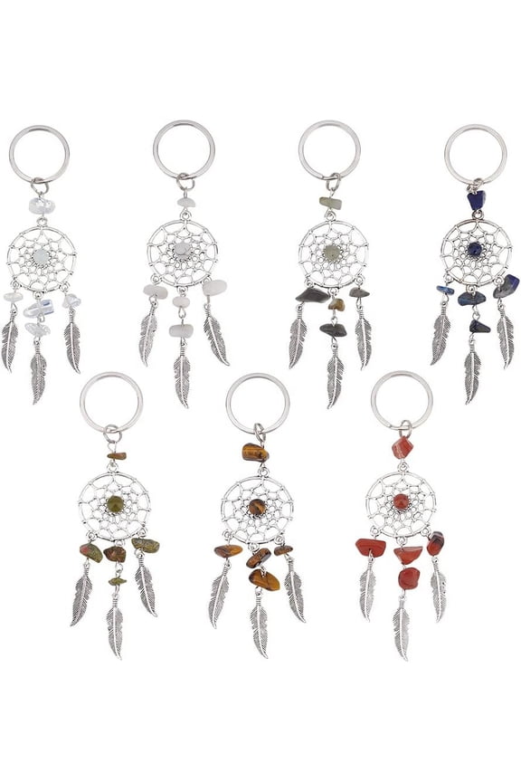 14pcs 7 style Natural & Gemstone Keychain with Iron 304 Stainless Steel & Alloy Findings Woven Net/Web with Feather 11.4~11.8cm 2pcs/style