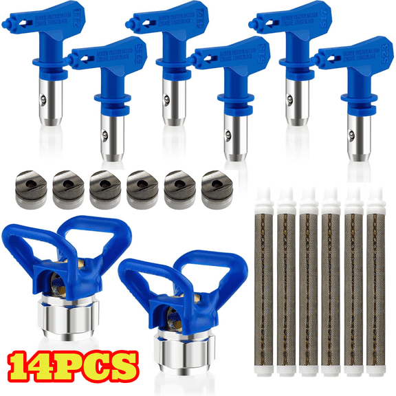 14pcs Airless Paint Sprayer Tips Set, 6 Reversible Spray Paint Nozzles, 6 Spray Gun Filters, 2 Nozzle Protective Seats for House Car Painting