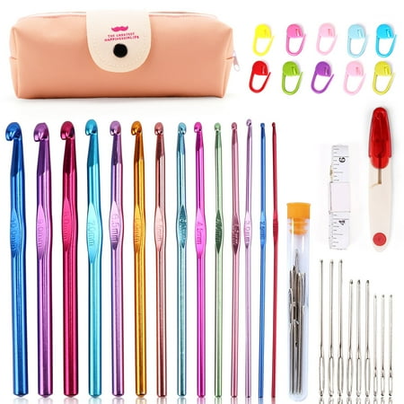 14pcs Aluminum Crochet Hook Set with Case, Metal Knitting Crochet Needles