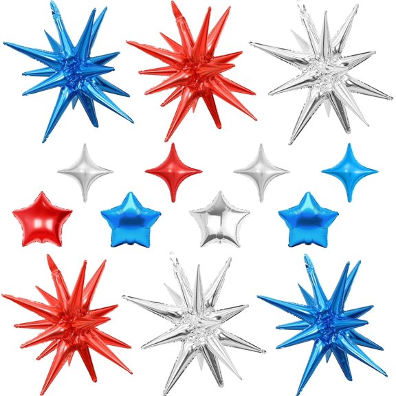 14pcs Blue Red Silver Star Balloons, Mixed Star Foil Balloon, 22Inch Explosion Stars Balloons with 10Inch Stars Shaped Balloon, for Birthday Graduation 4th of July Independence Day Party Decorations