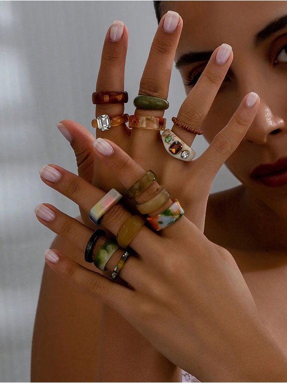 14pcs Brown Green Asymmetrical Resin Ring Set With Mixed Elements For Women