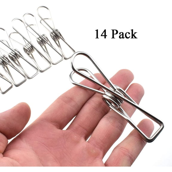 14pcs Clothes Pins Chip Clips, Metal Stainless Steel Strong Grip in Heavy Wind Do Not Fall Apart Open Wide for Holding Clothes Snack Bag