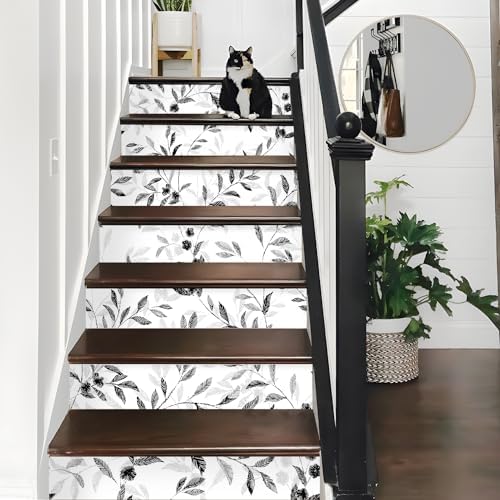 Threaded Riser Line Art 14pcs Hand Drawn Peel and Stick Vintage Line Art Floral Stair Riser ...
