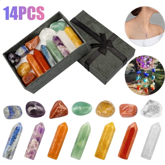 14pcs Healing Stones Set, Chakra Crystal Kit Natural Therapy Stone w/Gift Box Include 7 Raw Tumbled Chakra Stones & 7 Hexagonal Pendant Wand Points for Necklace Jewelry Making, Meditation Yoga