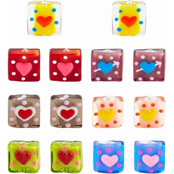 14pcs Heart Pattern Glass Beads 15mm Square Heart Shaped Red Blue Green Pink Yellow Orange Lampwork Glass Perfect for Jewelry Making