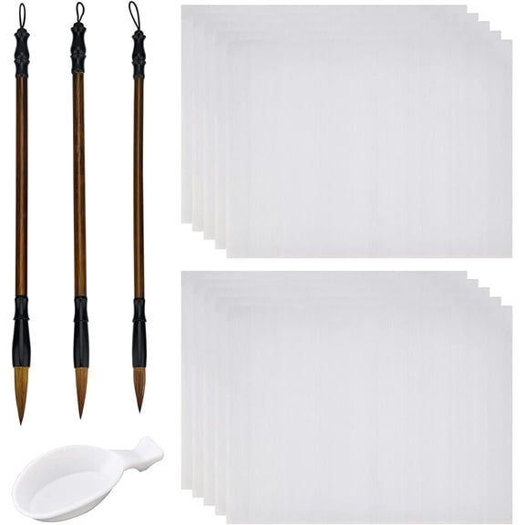 14pcs No Ink Chinese Calligray Set Reusable Water Writing Cloth Paper Chinese Traditional Calligray Brushes and Water Dish for Beginners Practice Chinese New Year 17x13 Inch