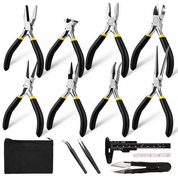 14pcs Jewelry Making Pliers Tool Kit: 8 Professional Pliers, U-Shape Scissors, Tweezers, Measuring Tape, Vernier Caliper & Storage Bag for Wire Wrapping, Beading, DIY & Repair