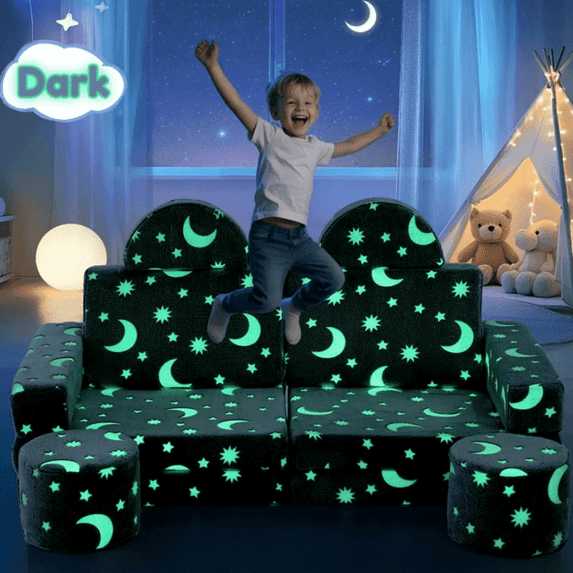Kids Play Couch, Caveen 14Pcs Modular Kids Play Sofa,Glow in the Dark Toddler Play Couch for Playroom,Gray