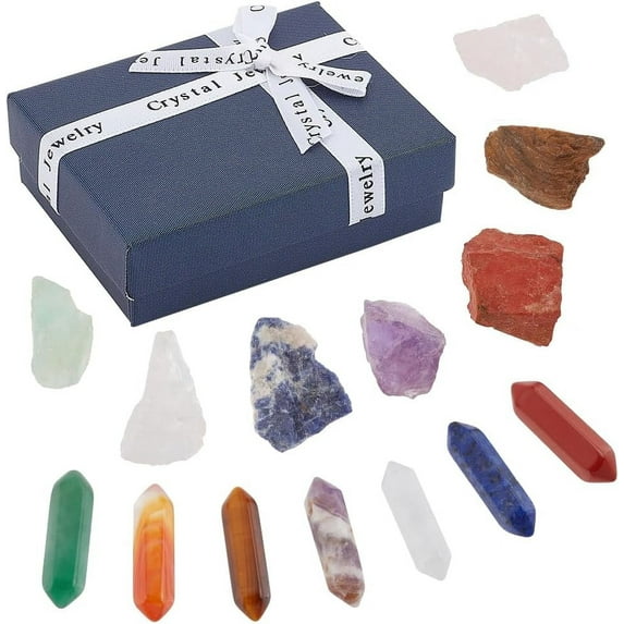 14pcs Natural Set Raw Crystals Kit for Beginners Colorful Gemstones Rough Kits with Gift Box for Mother's Day Gifts Decoration Jewelry Making