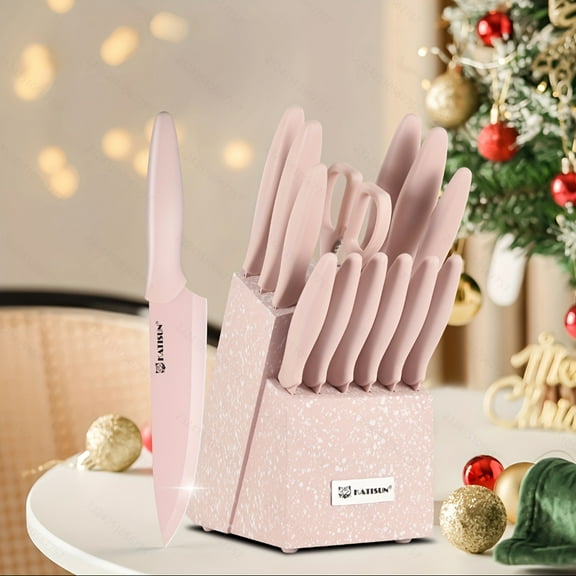 14pcs Professional Stainless Steel Rainbow Titanium Coating Kitchen Knife SetNo Rust, And Super Sharp Cutlery Knife Set with Wooden Stand And Kitchen Scissors, for Family And Resaturant