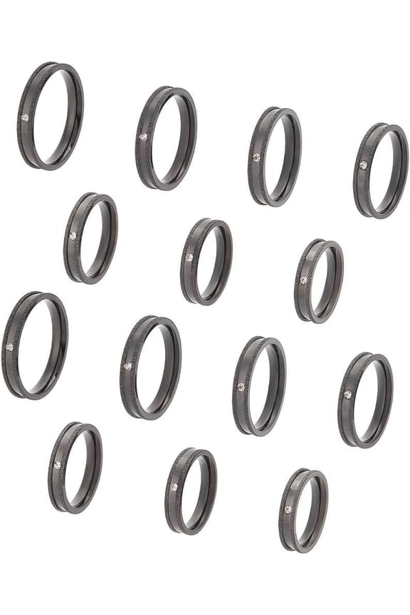 14pcs Rhinestone Blank Ring 7 Sizes Black Textured Grooved Ring Stainless Steel Round Empty Ring for Inlay Ring Jewelry Band Making and Gift