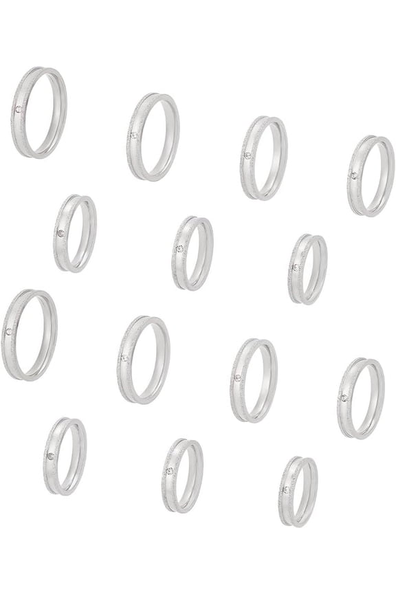 14pcs Rhinestone Blank Ring 7 Sizes Textured Grooved Ring Stainless Steel Round Empty Ring for Inlay Ring Jewelry Band Making and Gift for making