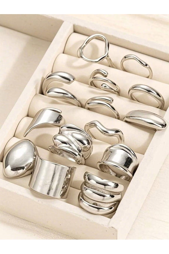 14pcs Silver Fashionable Asymmetrical Liquid Geometric Chunky Rings Set For Party, Date, Daily Wear