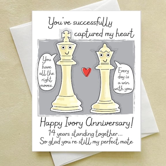 14th Anniversary Greeting Card, Ivory Anniversary Chess Theme Card for Husband or Wife, 14 Years Together Celebration Card with Romantic Puns and Envelope