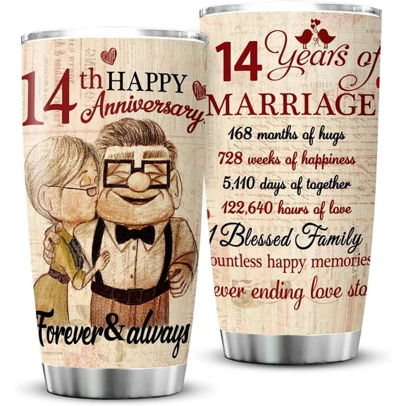 14th Anniversary Vintage Gifts, 14 Year Anniversary Wedding Gifts for Her or Him, Ivory Anniversary Tumbler Gifts for Couple 20oz Stainless Steel Insulated Cup Present(1 PC)