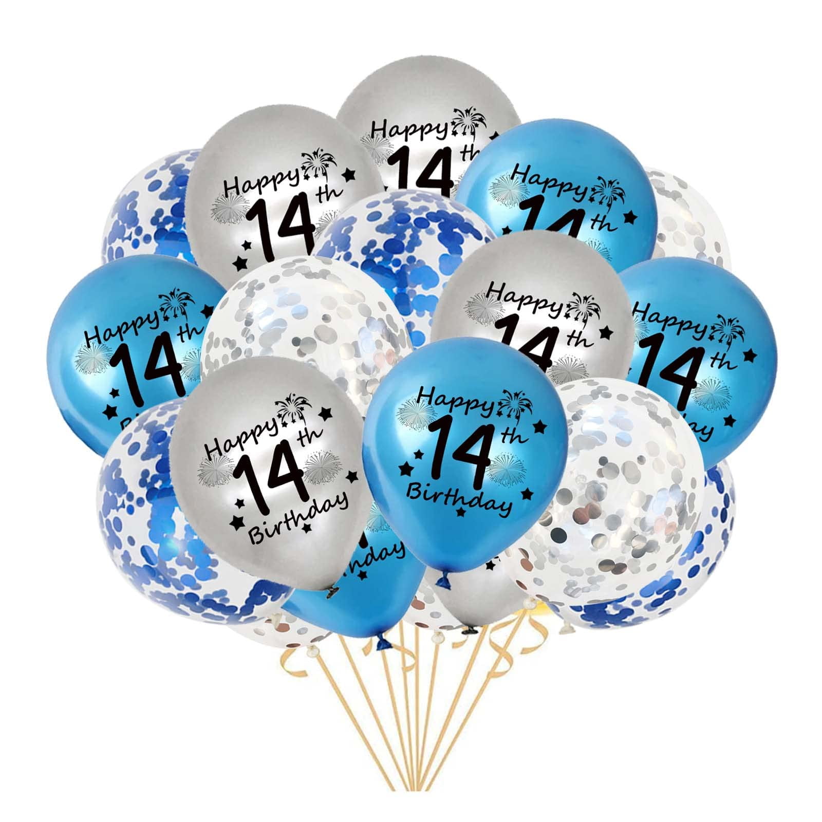 14th Birthday Decoration Kit - Silver Number 14 Balloons, Banner, Confetti Balloons For 14 Years Old Party