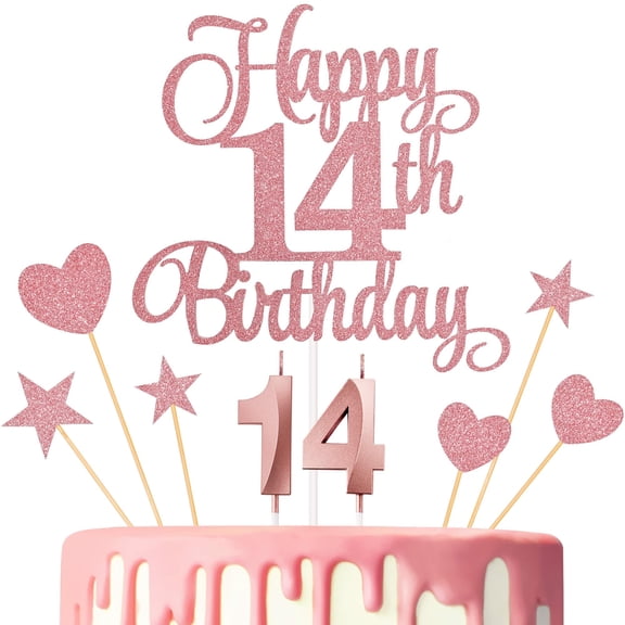 14th Birthday Cake Decor Kit, Glittery Happy 14th Birthday Topper, Heart and Star Cake Ornaments, 3D Number Candles, Perfect for 14th Birthday Parties, Anniversary Events, Rose Gold