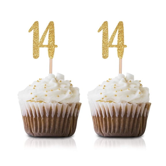 14th Birthday Cupcake Toppers, 12Pcs Gold Glitter 14 Cupcake Picks for 14th Birthday Party Decorations
