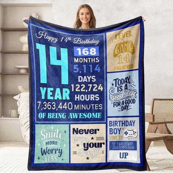 14th Birthday Gamer Theme Throw Blanket Level Up Game Controller Print ...