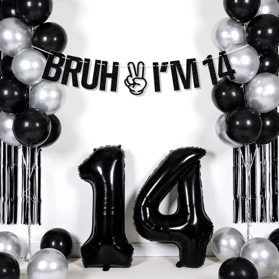 14th Birthday Party Decorations Set - Cool Black Silver Theme with Trendy Banner & Balloons