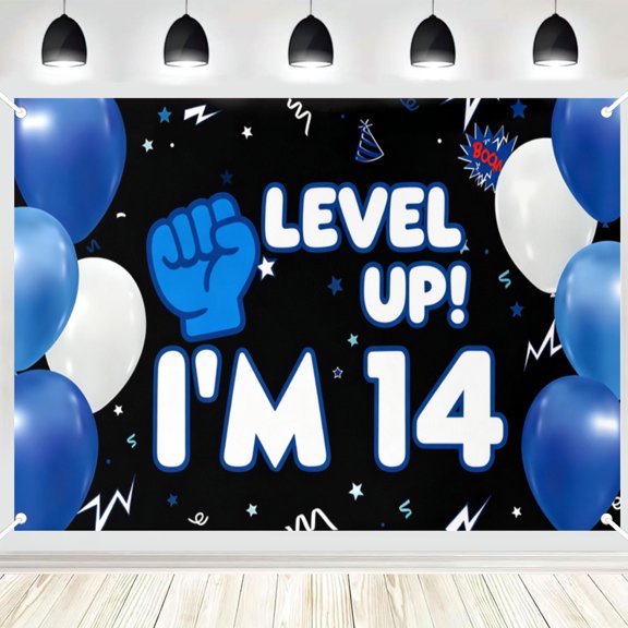 14th Birthday Polyester Backdrop, Black Blue Gaming Style Party Photo Booth Background Banner for Indoor Use 3x5ft