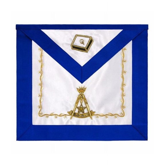 14th Degree Scottish Rite Apron - Hand Embroidered White Silk with Blue Moire Ribbon