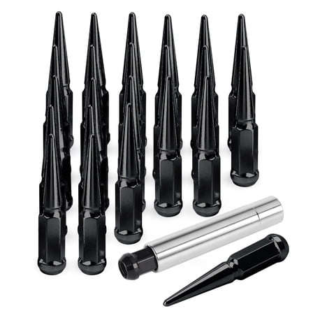 14x1.5 Spike Wheel Lug Nuts, 24pcs M14x1.5 Closed End Spike Lug Nut for Silverado 1500, Sierra 1500, F150, Black Conical Bulge Seat with 1 Socket Key