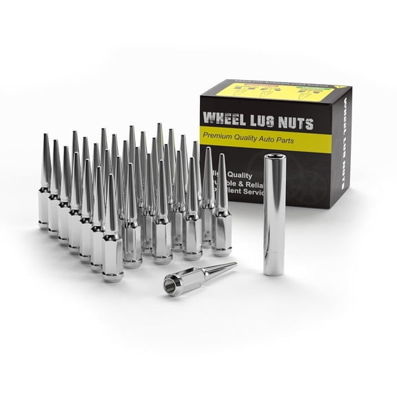14x1.5 Spike Wheel Lug Nuts, 32pcs M14x1.5 Closed End Spike Lug Nut for Silverado, Sierra Ram 2500 3500 F250 F350, Chrome Conical Bulge Seat with 1 Socket Key