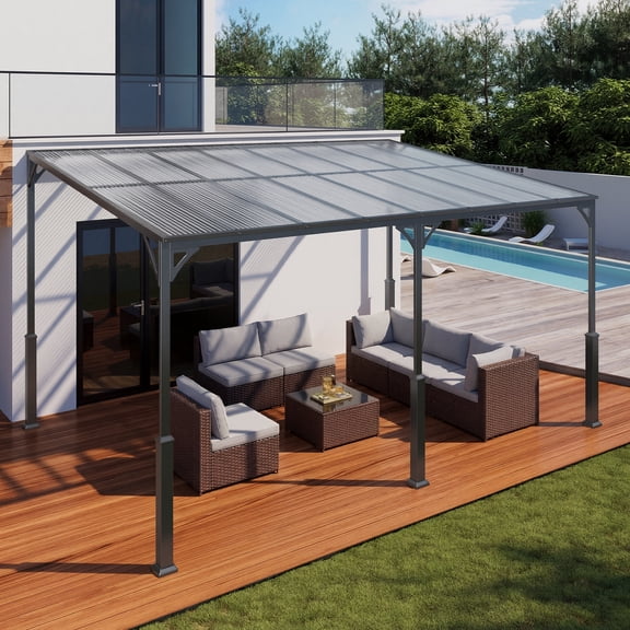 14x10 FT Wall-Mounted Gazebo, Hard Top Lean to Gazebo Pergola with Roof (140 Sq.Ft Shaded), Heavy-Duty Patio Pergola for Patio, Decks, Backyard, Gray