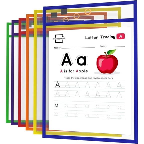 14x10 Scribbledo Dry Erase Pockets, 6 Pack Reusable Dry Erase Sleeves with Marker Holder, Colorful Dry Erase Pocket Sleeves for School or Work, Assorted Colors Sheet Protectors and Ticket Holders