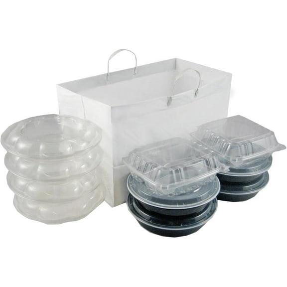 EcoQuality White Plastic Heavy-Duty 14"x10"x14.75" Take Out Bags with Handles & Sturdy Cardboard Reinforced Bottom Perfect for Food Service, Restaurants, Catering, Delivery, Container Carrier (50)