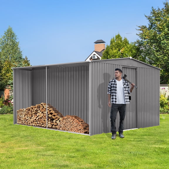 14x12 ft Large Dual Function Metal Storage Shed & Firewood Rack Apex Roof Outdoor Shed with Punched Vents for Tools and Wood Storage, Grey