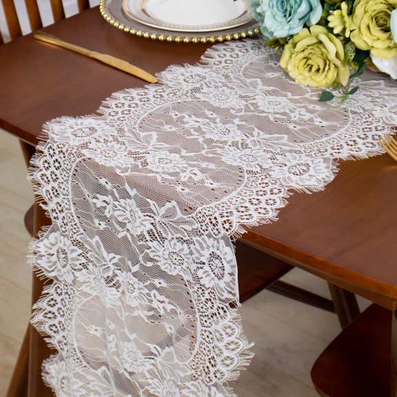 14x120-Inch Farmhouse Table Runner - White Lace Runners with Scalloped Edges | Rustic Boho Linen for Wedding, Party, Banquet & Christmas Decor
