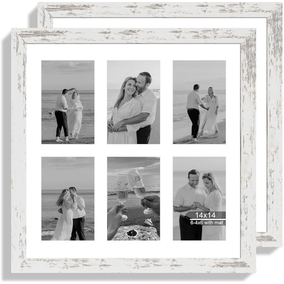 14x14 Picture Frame Set of 2, Distressed White with Glass Collage Frame, Display Photo Six Opening 4x6 With Mat or 14 x 14 Without Mat - Horizontal or Vertical Wall Mounting