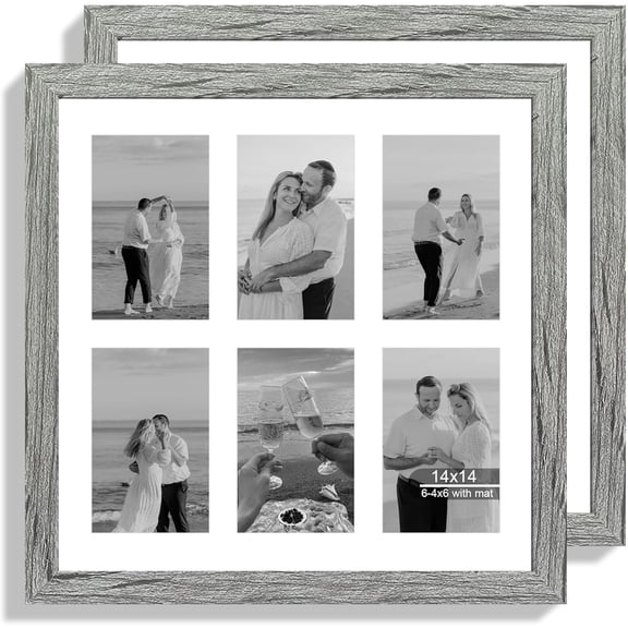 14x14 Picture Frame Set of 2, Grey with Glass Collage Frame, Display Photo Six Opening 4x6 With Mat or 14 x 14 Without Mat - Horizontal or Vertical Wall Mounting