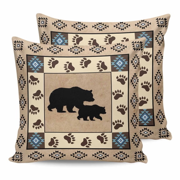 14x14 Pillow Covers Set of 2, Farmhouse Bear Throw Pillow Covers Decorative Couch Cushion Case, Country Vintage Animals Paw Print Brown Microfiber Square Pillowcases for Bedroom Car Living Room