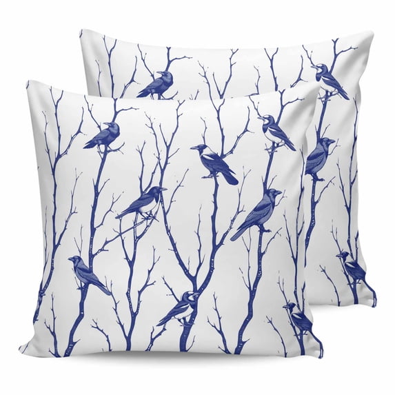 14x14 Pillow Covers Set of 2, Navy Blue Branches Birds Throw Pillow Covers Decorative Couch Cushion Case, Abstract Forest Silhouettes Microfiber Square Pillowcases for Bedroom Car Living Room