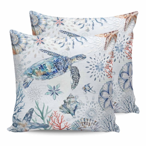 14x14 Pillow Covers Set of 2, Ocean Turtle Throw Pillow Covers Decorative Couch Cushion Case, Summer Coastal Coral Flower Shells Microfiber Square Pillowcases for Bedroom Car Living Room