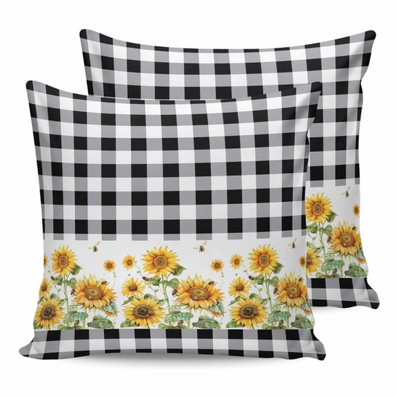 14x14 Pillow Covers Set of 2, Sunflower Throw Pillow Covers Decorative Couch Cushion Case, Black White Buffalo Plaid Check Country Bee Microfiber Square Pillowcases for Bedroom Car Living Room