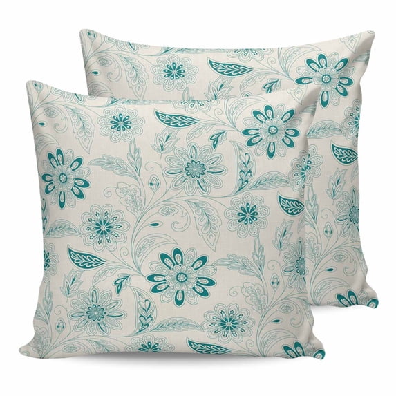 14x14 Pillow Covers Set of 2, Teal Boho Throw Pillow Covers Decorative Couch Cushion Case, Vintage Pattern Ethnic Flower Tribal Leaf Microfiber Square Pillowcases for Bedroom Car Living Room