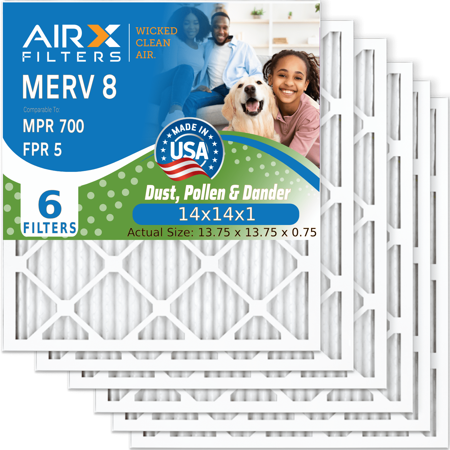 14x14x1 Air Filter MERV 8 Comparable to MPR 700 & FPR 5 Electrostatic Pleated Air Conditioner Filter 6 Pack HVAC AC Premium USA Made 14x14x1 Furnace Filters by AIRX FILTERS WICKED CLEAN AIR.