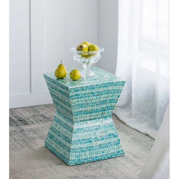 14x14x18" Blue Square Pedestal Capiz Stool, Garden Accent Side Table