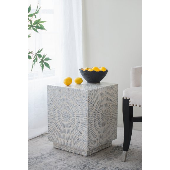 14x14x18" Gray Square Starburst Capiz Stool, Garden Accent Side Table