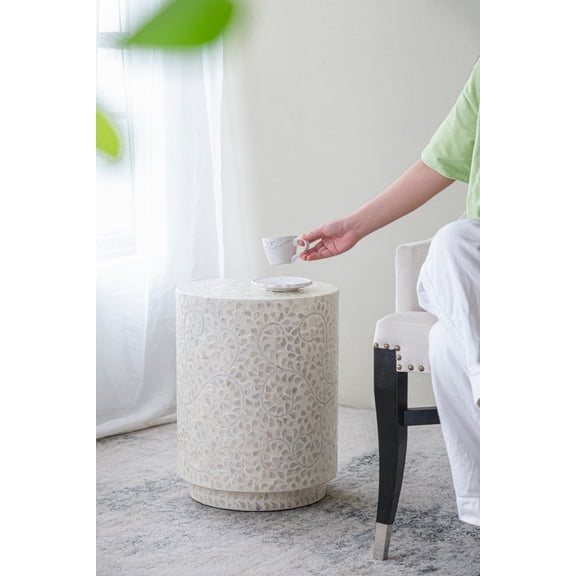14x14x18" White Round Pedestal Capiz Stool, Garden Accent Side Table